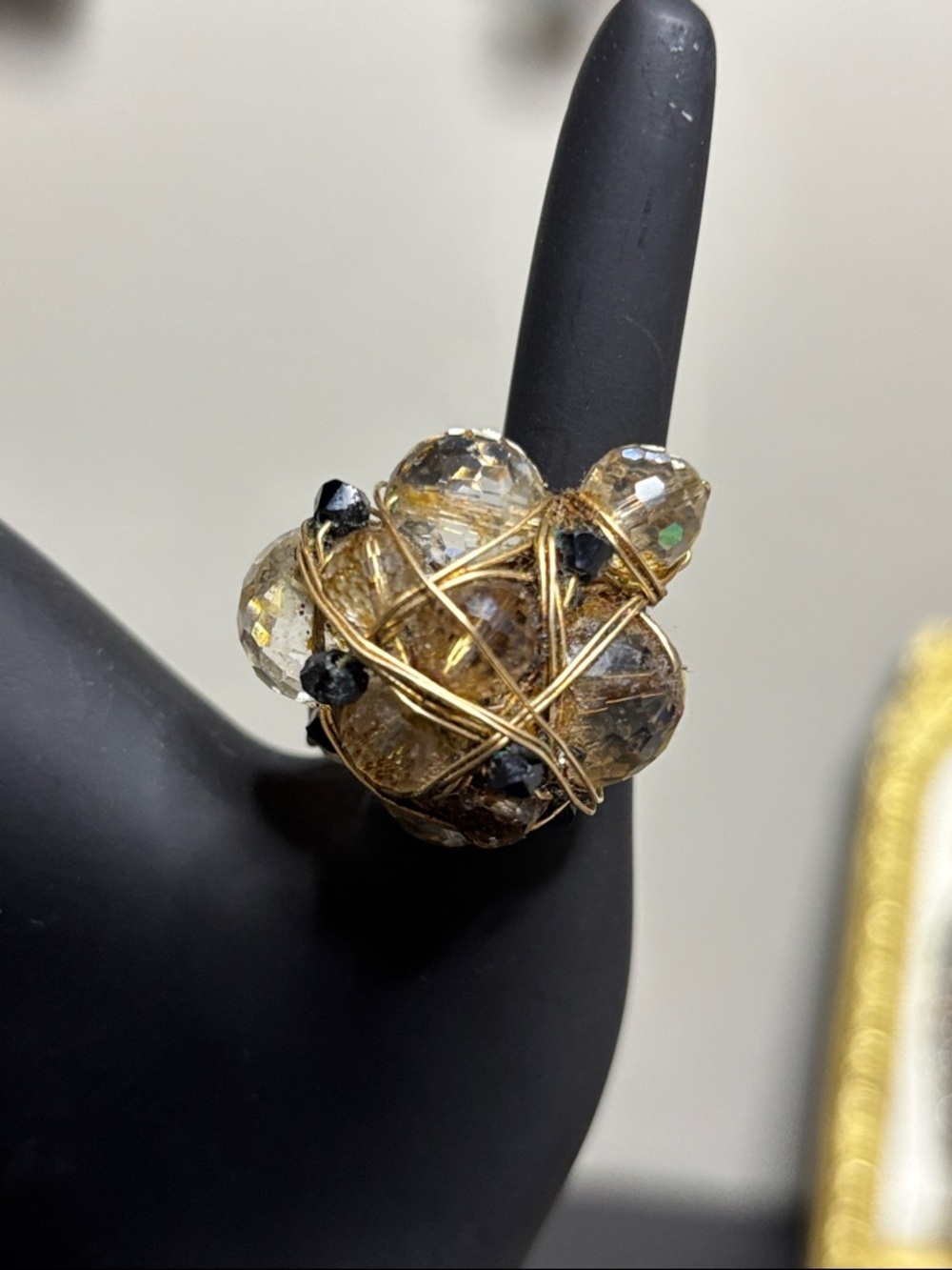 Gold Tone Statement Wire-Wrapped Rhinestone Bead Cluster Ring Size 6